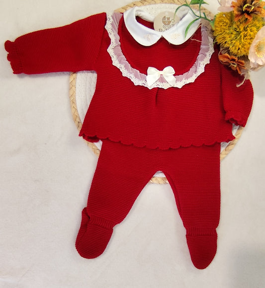 Conjunto malha 3 peças gola laço cetim