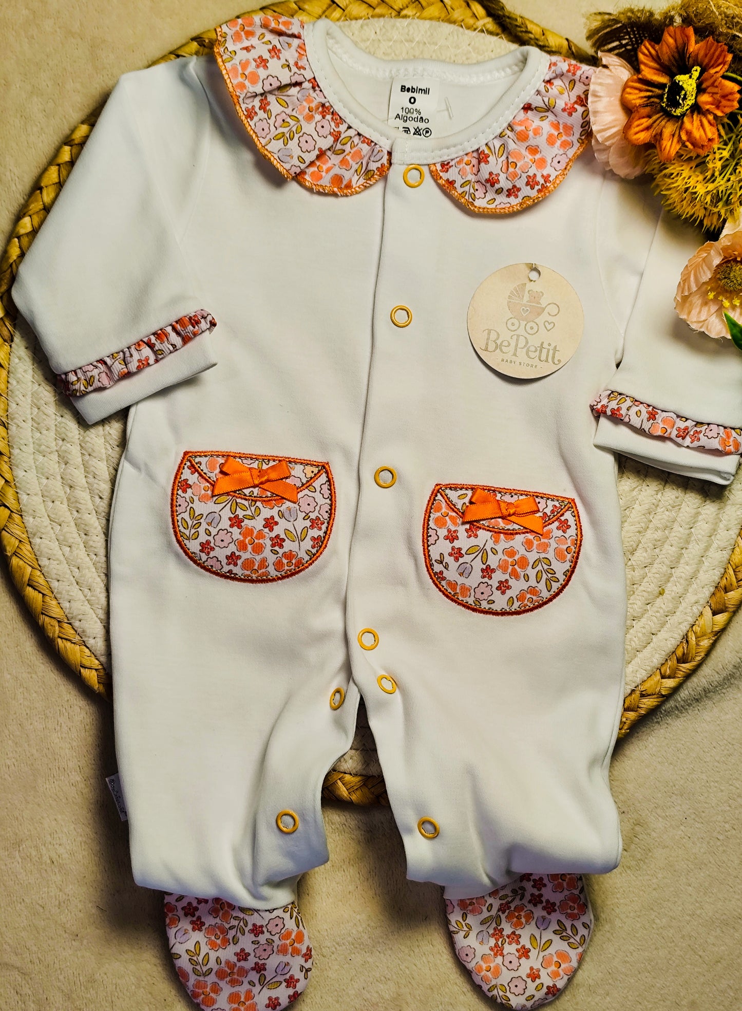 Babygrow algodão Branco floral