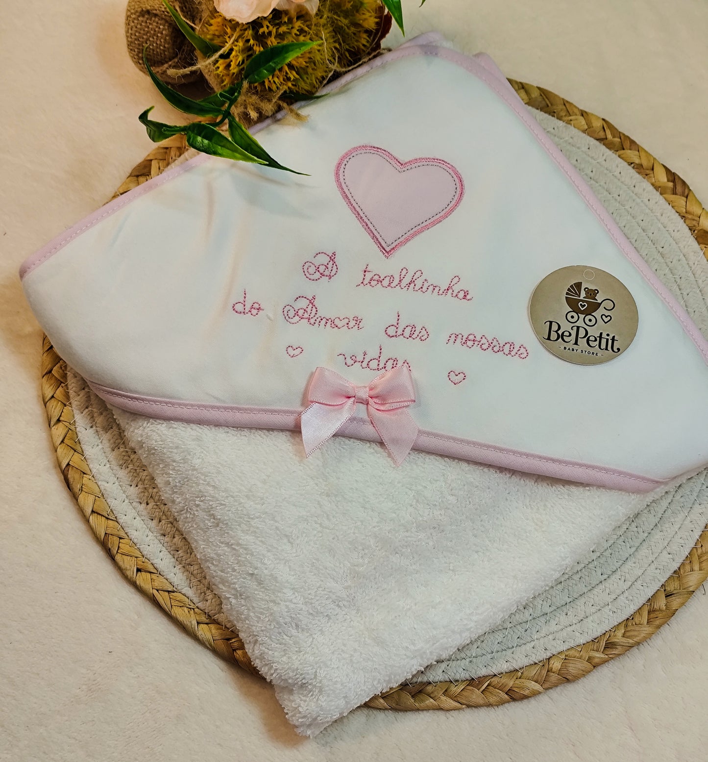 Conjunto Toalha + Fralda Amor das nossas vidas rosa
