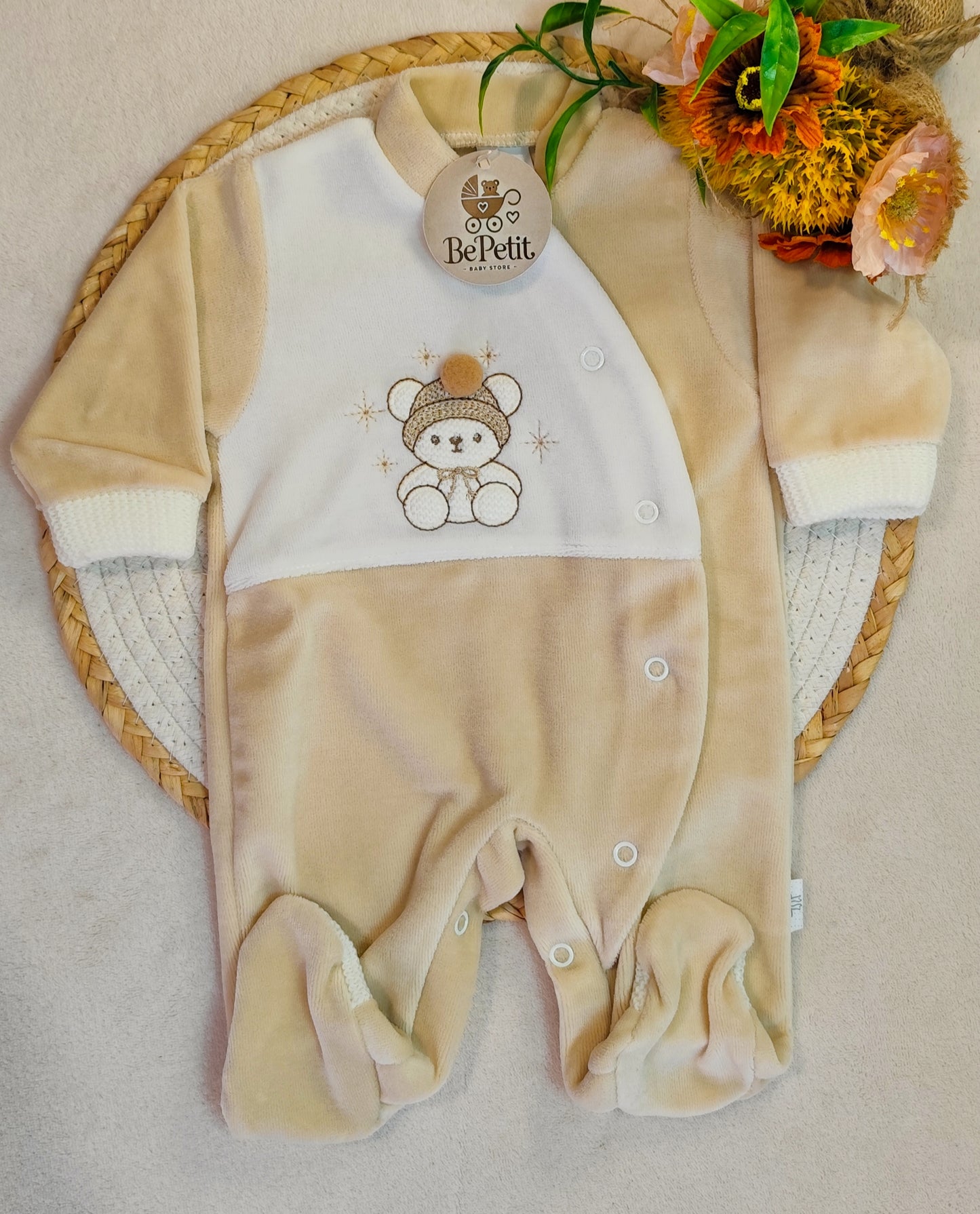 Babygrow veludo ursinhos gorro