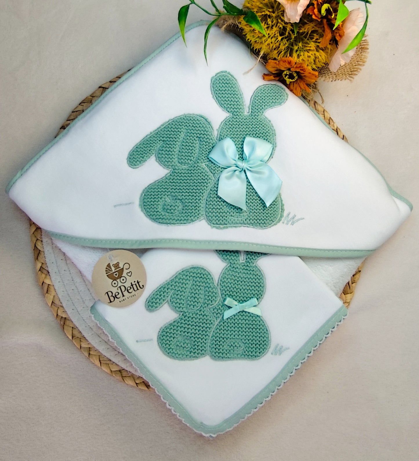 Conjunto Toalha + Fralda em Algodão coelhinho