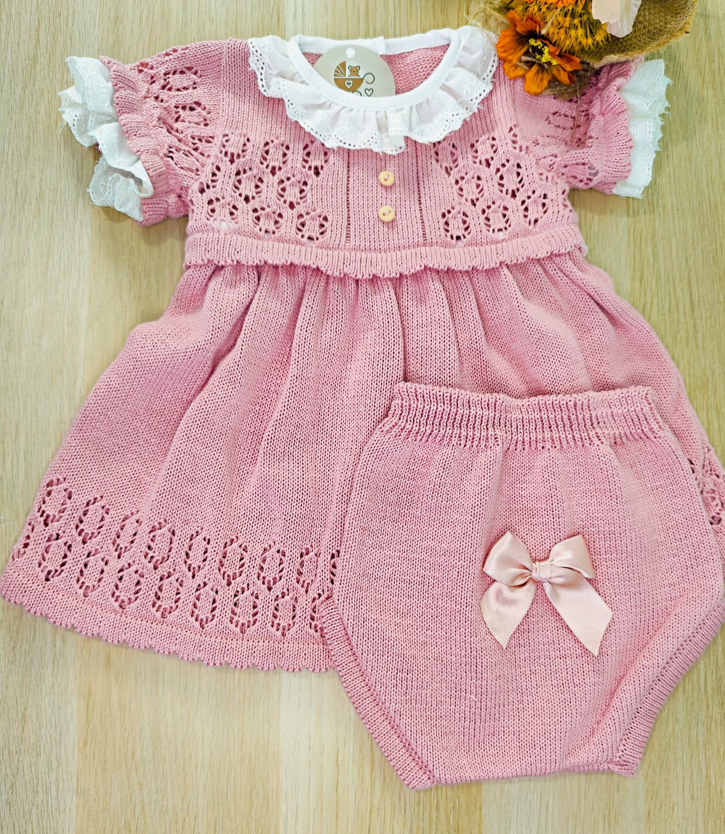 Vestido Tricot Rosa + Tapa fralda