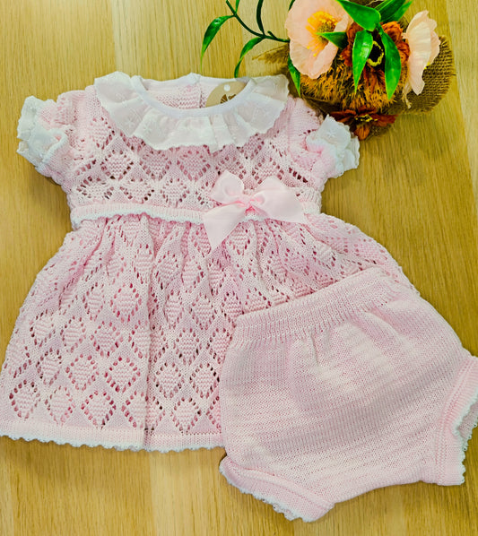 Conjunto Vestido Tricot Rosa Bebé