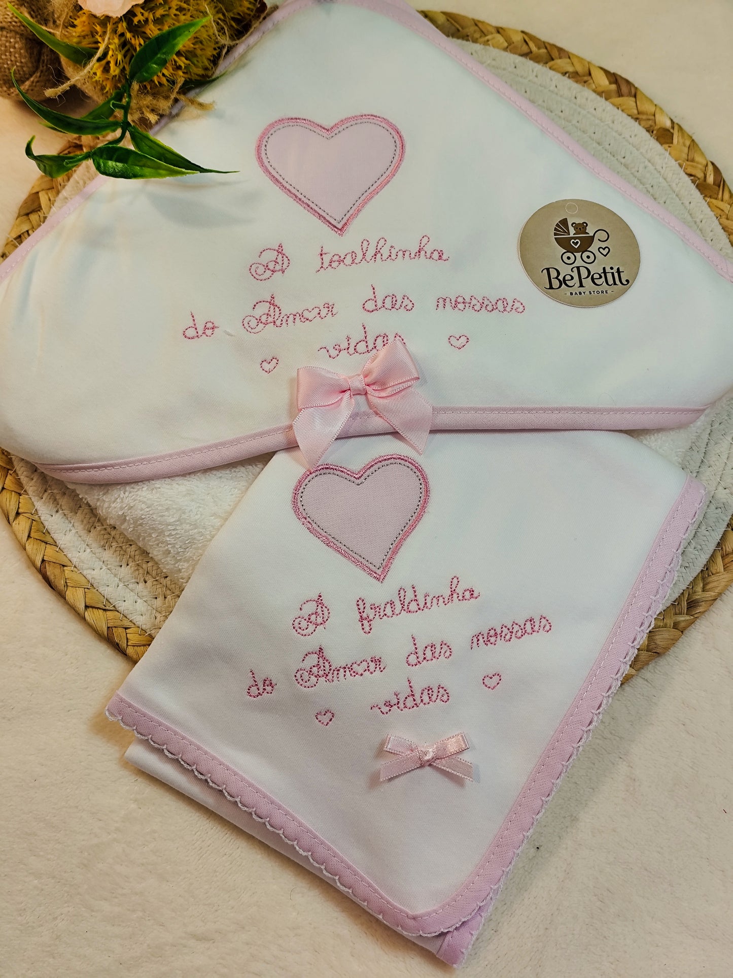 Conjunto Toalha + Fralda Amor das nossas vidas rosa