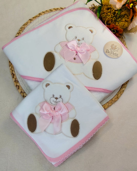Conjunto Toalha + Fralda em Algodão urso cetim