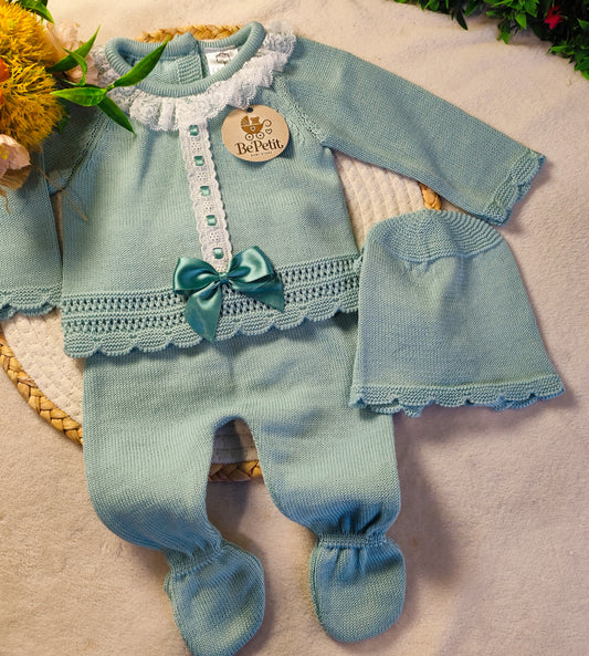 Conjunto malha algodão laços de Cetim verde