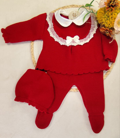Conjunto malha 3 peças gola laço cetim