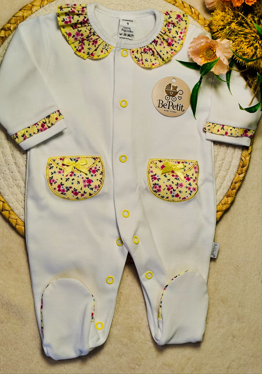 Babygrow algodão Branco com amarelo floral