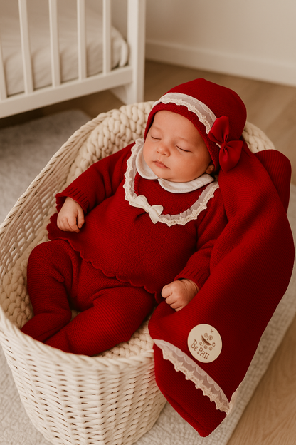 Conjunto malha 3 peças gola laço cetim