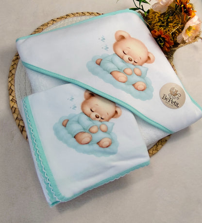 Conjunto Toalha + Fralda em Algodão ursinho