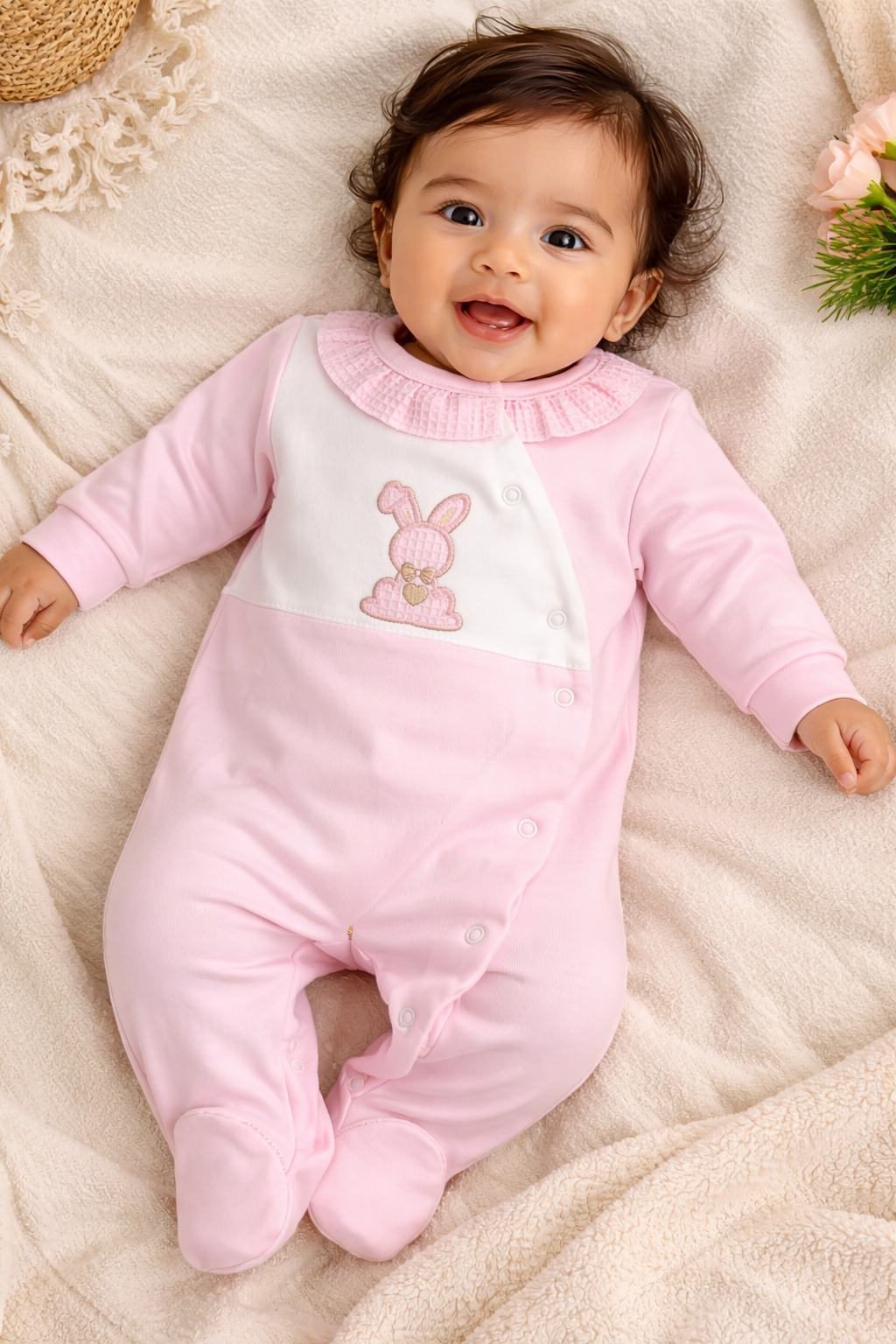 Babygrow para Bebé Rosa com Bordado de Coelhinho